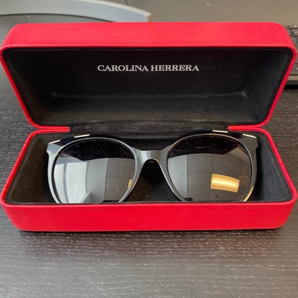 Carolina Herrera Women's Round Shiny Black Sunglasses - Picture 2 of 5